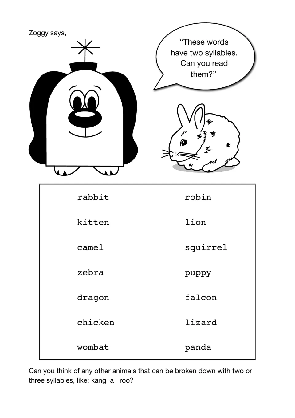Two-syllable animal words for students to read, like rabbit, kitten, zebra and lizard, plus a find-more prompt: kang-a-roo