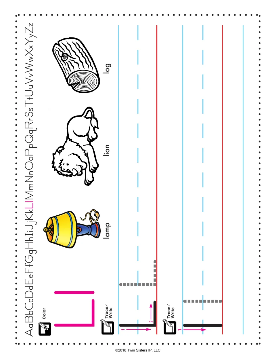 Letter L handwriting: students color Ll, trace and write capital L and lowercase l, then color a lamp, lion and log