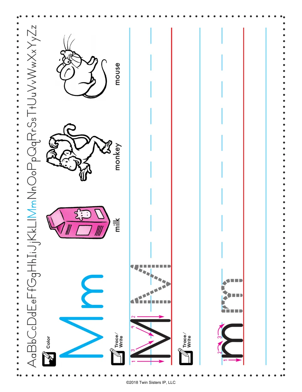 Letter M handwriting: students color Mm, trace and write capital M in four strokes and lowercase m; milk, monkey, mouse