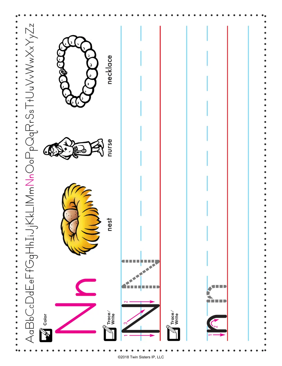 Letter N handwriting: students color Nn, trace and write capital N and lowercase n, and color a nest, nurse and necklace