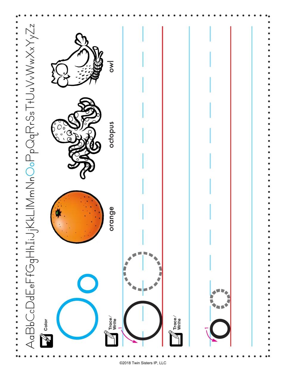 Letter O handwriting: students color Oo and trace and write capital O and lowercase o; an orange, octopus and owl to color