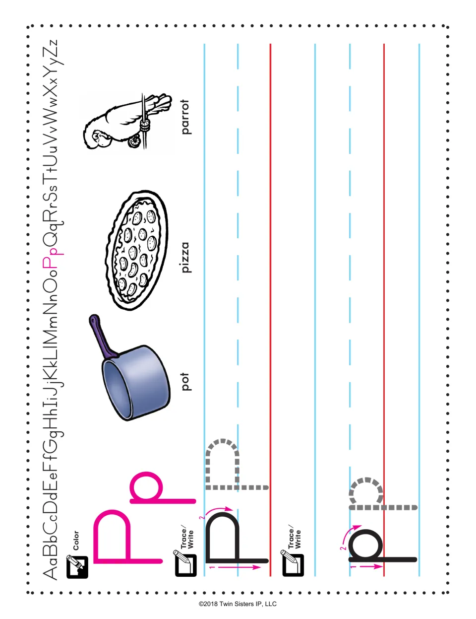 Letter P handwriting: students color Pp, trace and write capital P and lowercase p by numbered strokes; pot, pizza, parrot