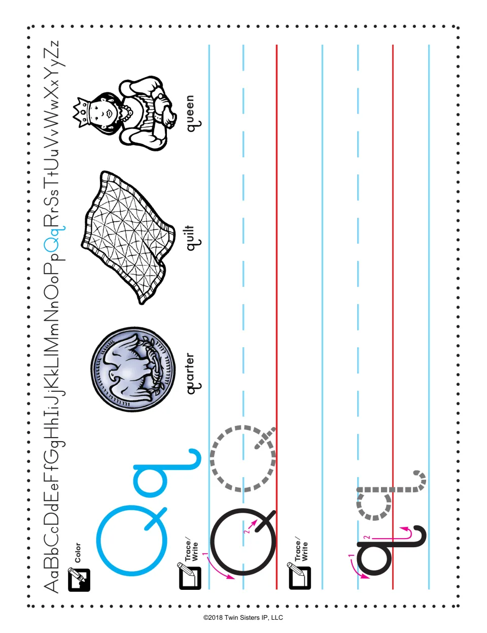 Letter Q handwriting: students color Qq, trace and write capital Q and lowercase q using arrows; quarter, quilt, queen