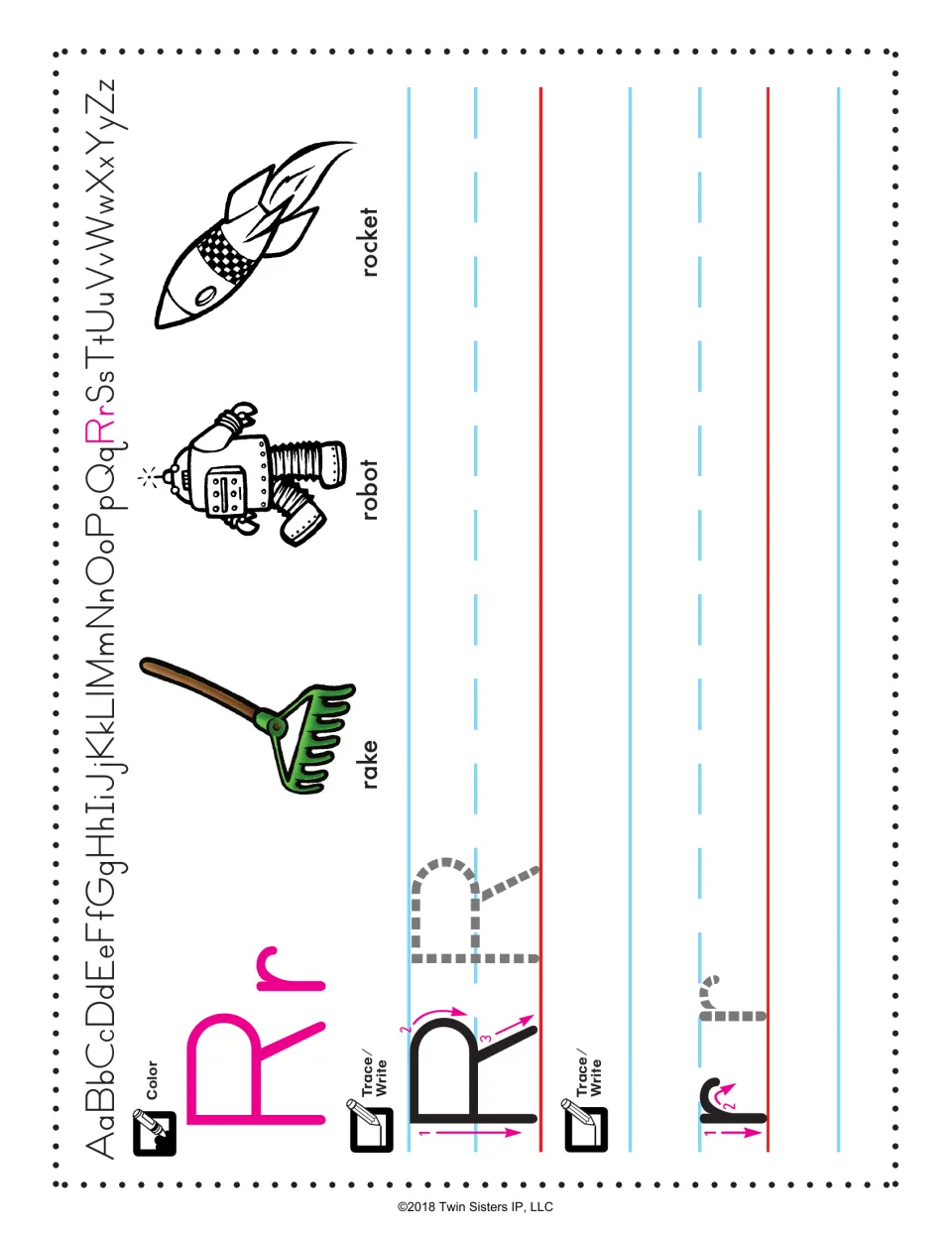 Letter R handwriting: students color Rr, trace and write capital R in three strokes and lowercase r; rake, robot, rocket
