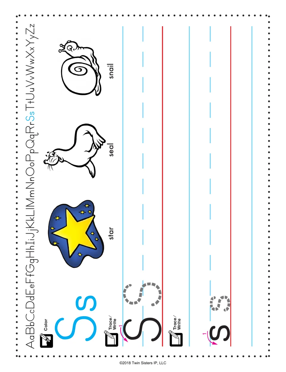 Letter S handwriting: students color Ss, trace and write capital S and lowercase s from a start arrow; star, seal, snail
