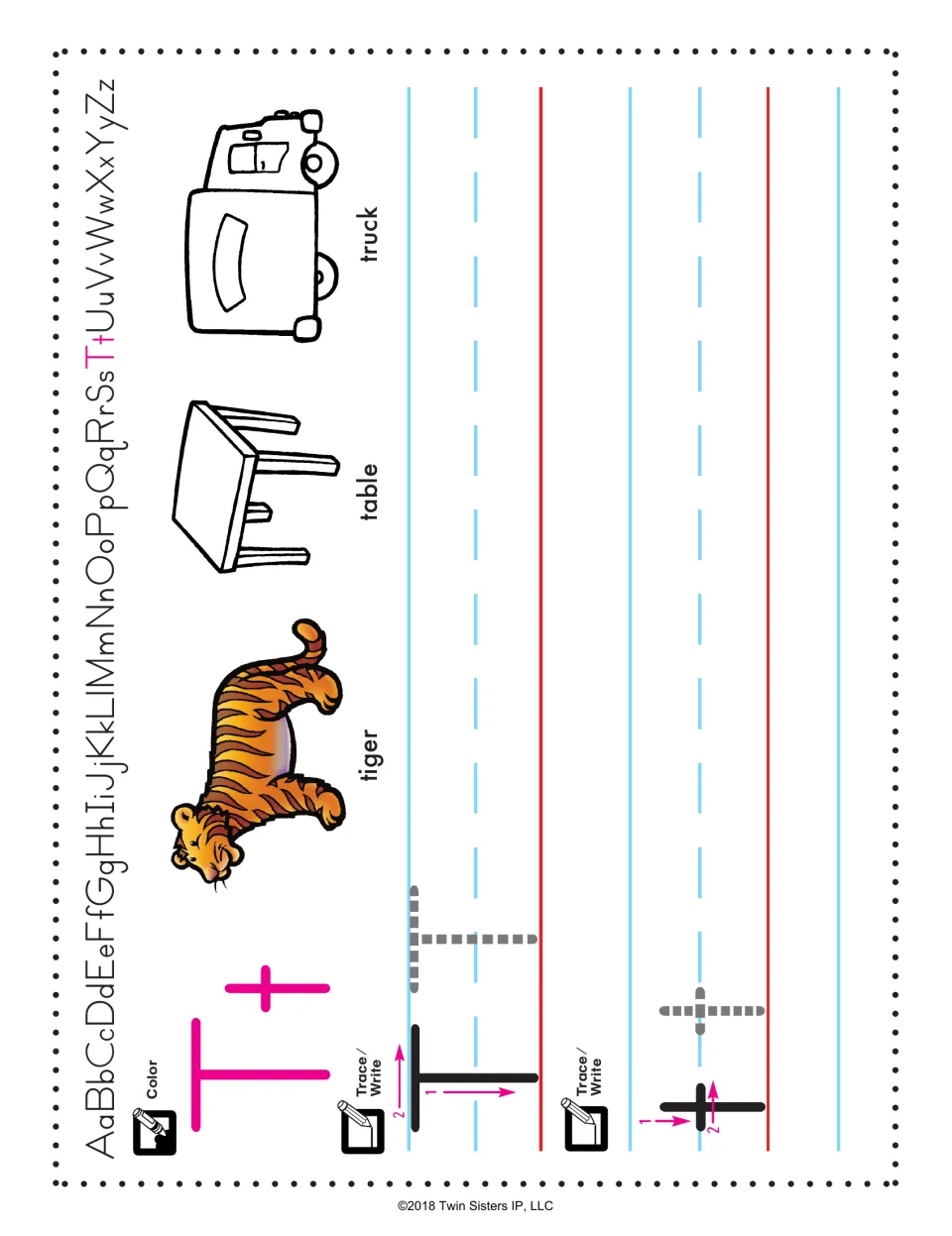 Letter T handwriting: students color Tt, trace and write capital T and lowercase t in two strokes; tiger, table and truck