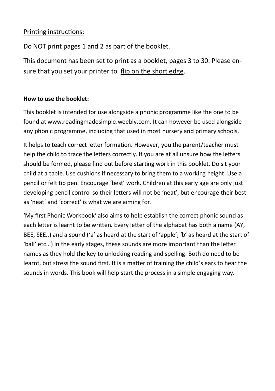 Printing and usage notes: print pages 3 to 30 as a booklet flipped on the short edge; trace letters and stress sounds