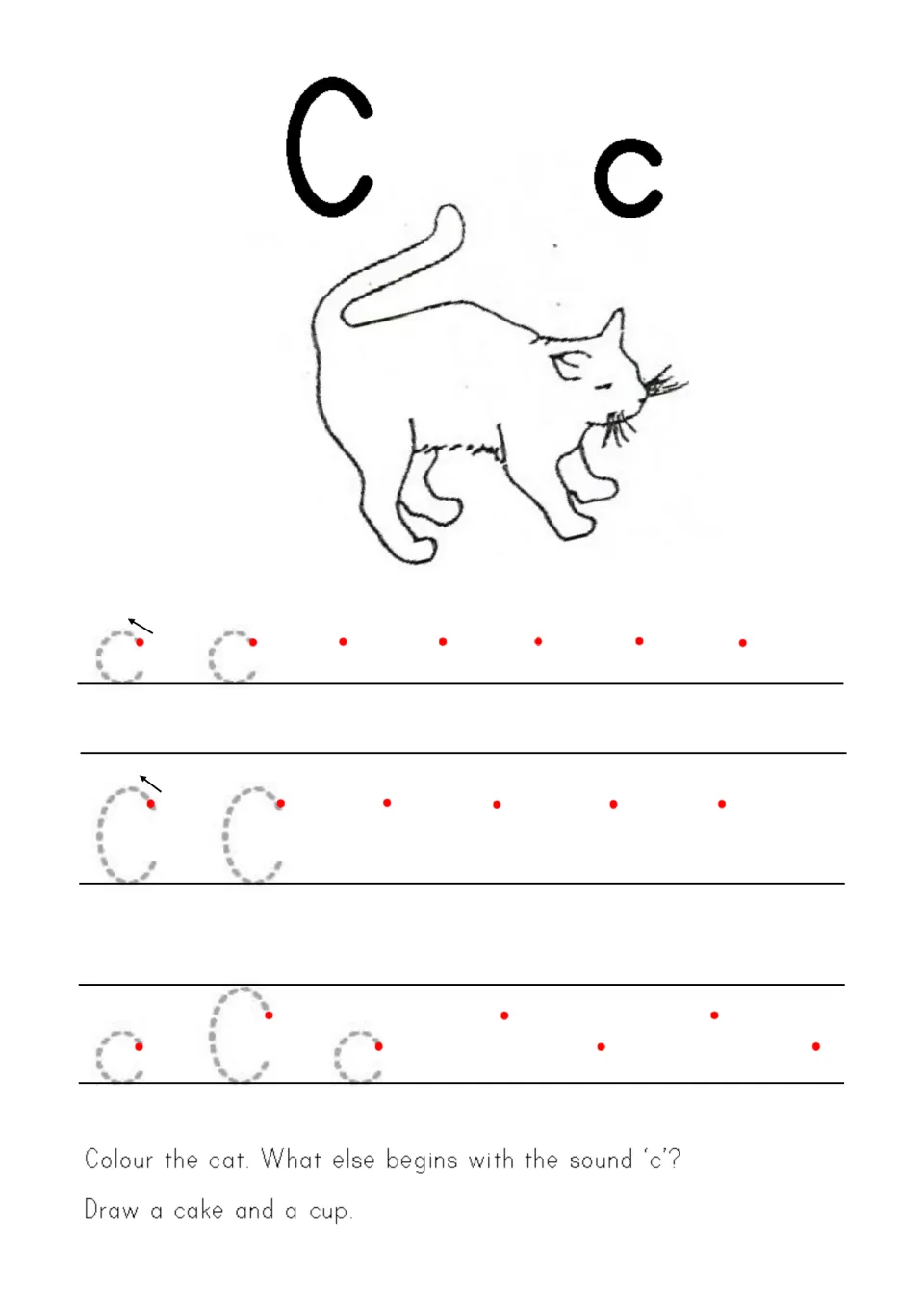 Letter Cc formation: children trace c and C from red start dots, colour a cat and draw a cake and a cup