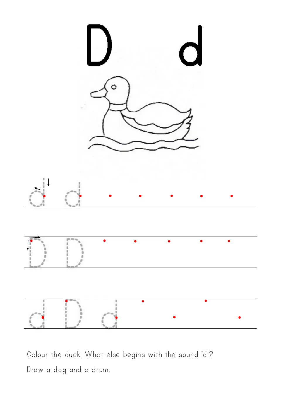 Letter Dd formation: children trace d and D following stroke arrows, colour a swimming duck and draw a dog and a drum