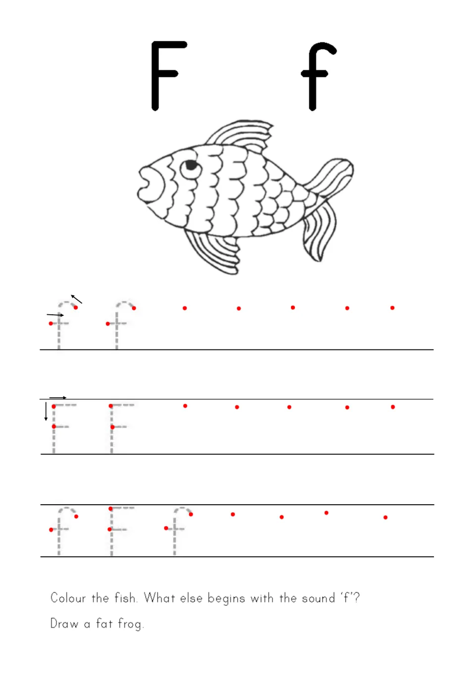 Letter Ff formation: children trace f and F following stroke arrows, colour a fish and draw a fat frog for the 'f' sound