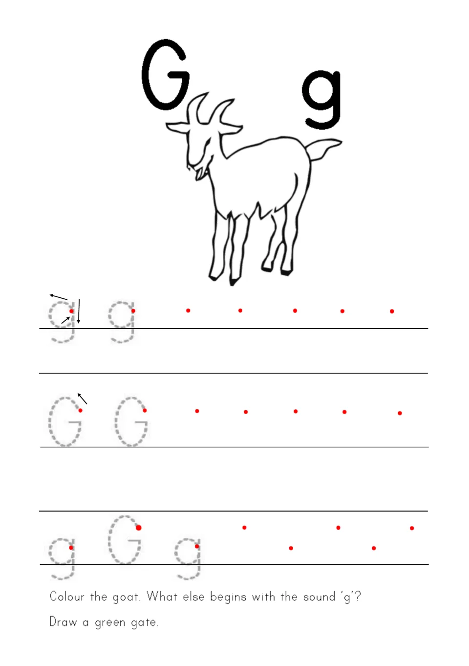 Letter Gg formation: children trace g and G from red start dots, colour a goat and draw a green gate for the 'g' sound