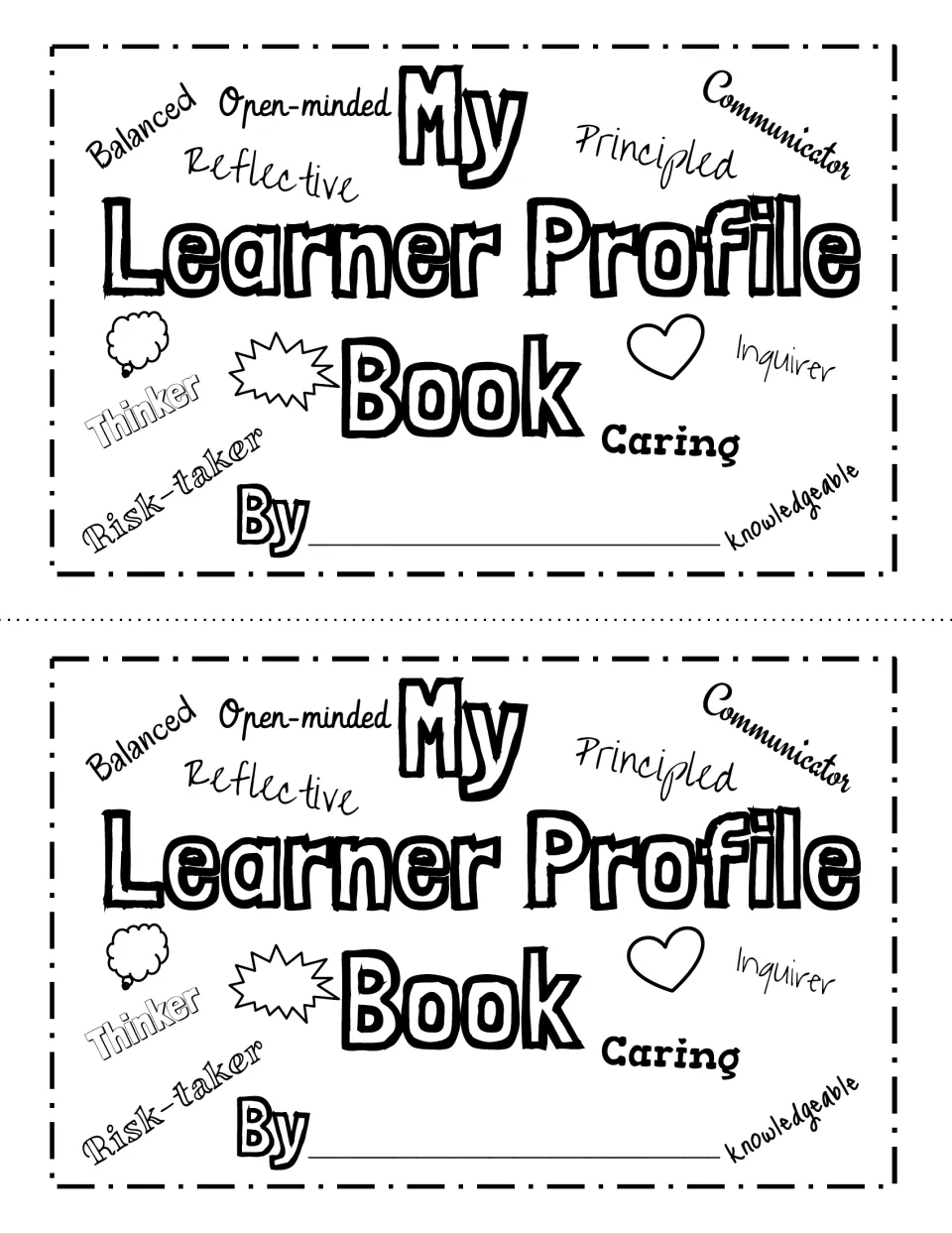 My Learner Profile Book cover, printed twice: title, a By name space and trait words such as Thinker, Caring and Inquirer