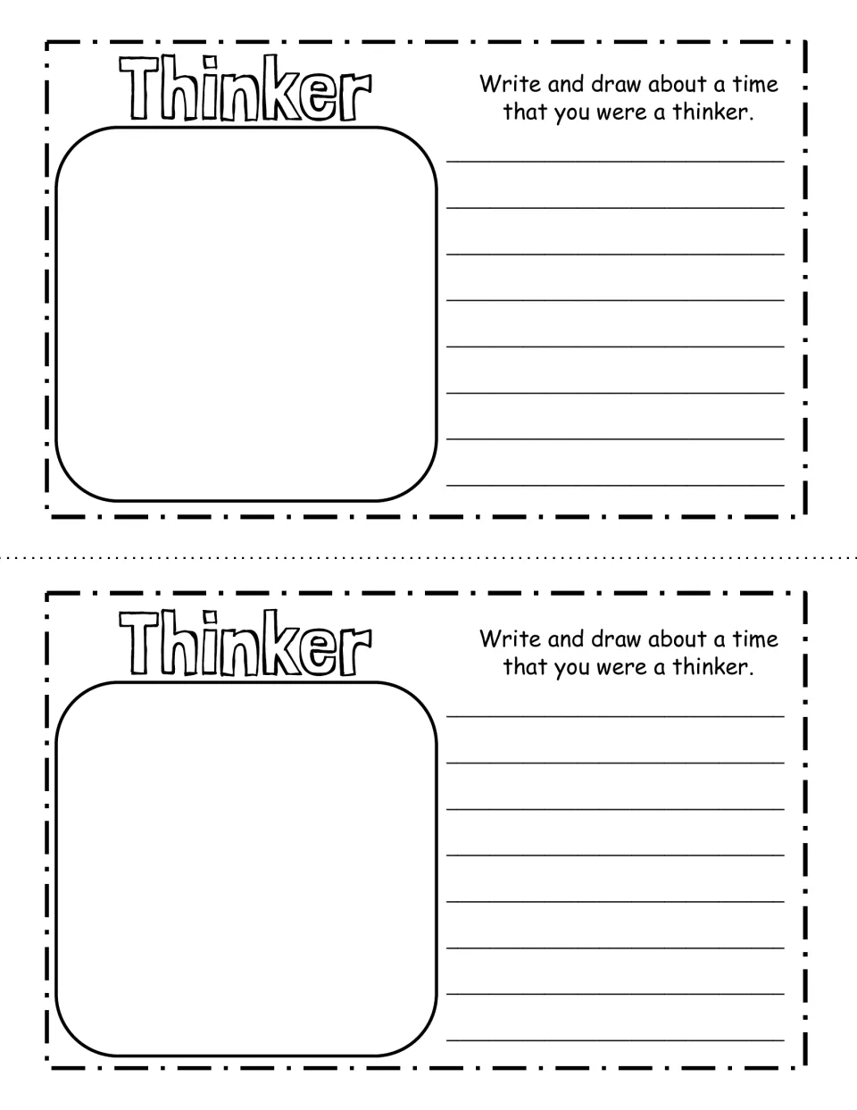Thinker reflection: students write and draw about a time they were a thinker, linking the trait to their own experience