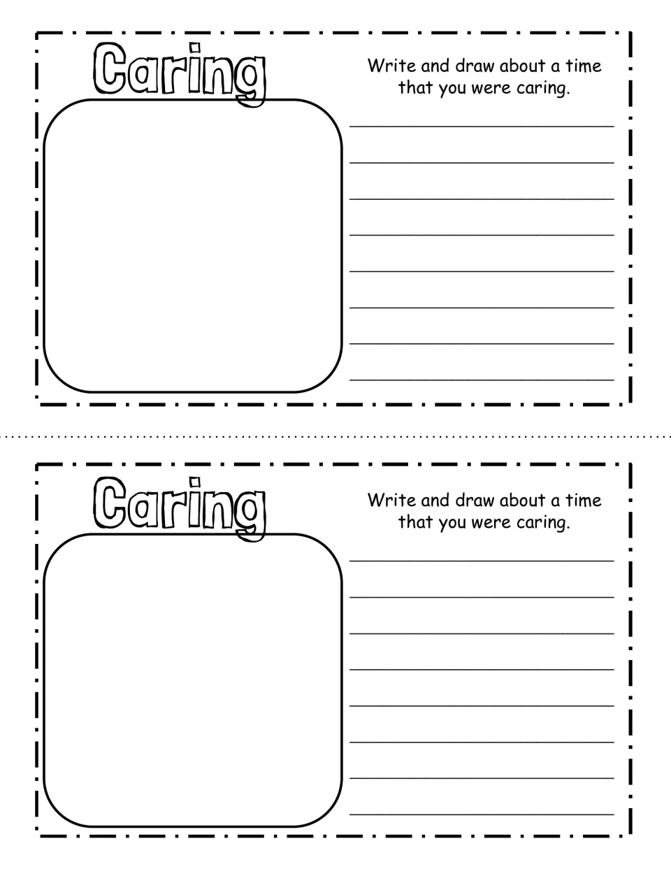 Caring reflection: students recall a time they were caring, then sketch the moment and write a few sentences about it