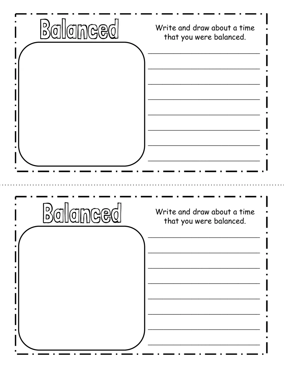 Balanced reflection: students write and draw about a time they were balanced, describing a personal example of this trait