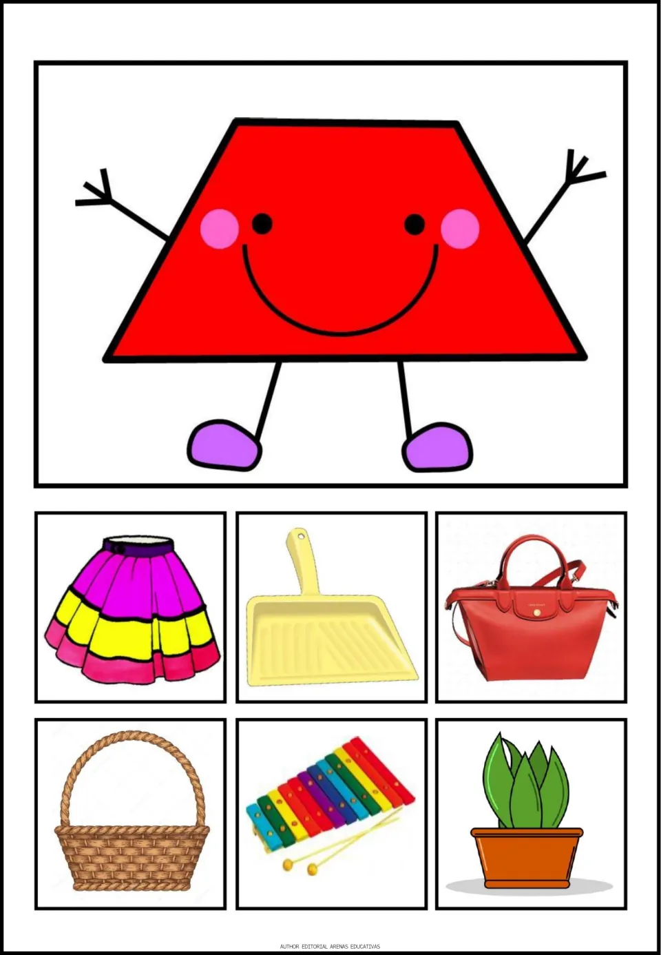 Trapezoid poster in the shape set, showing a trapezoid plus a skirt, dustpan, handbag and three more pictures