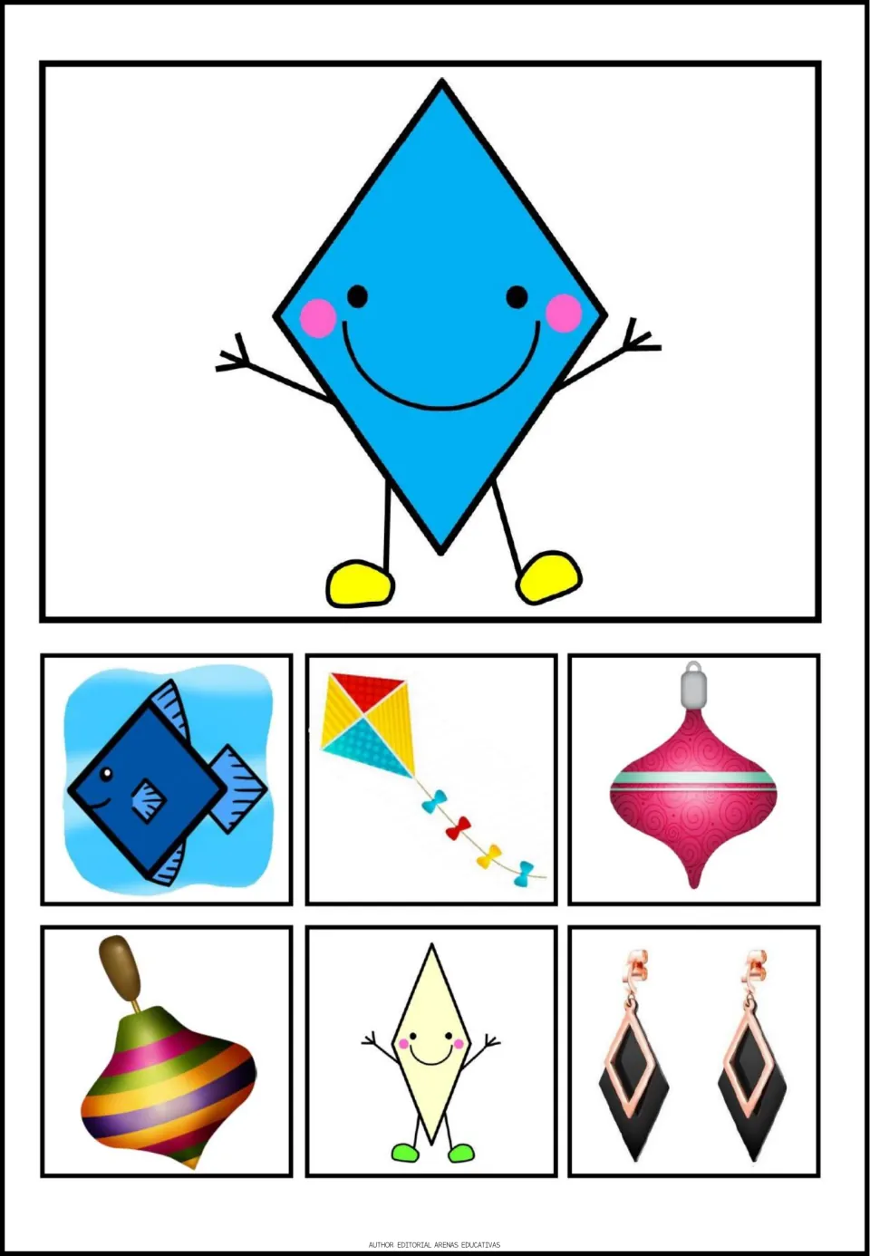 Rhombus poster in the shape set, showing a rhombus plus a fish, kite, ornament and three more pictures