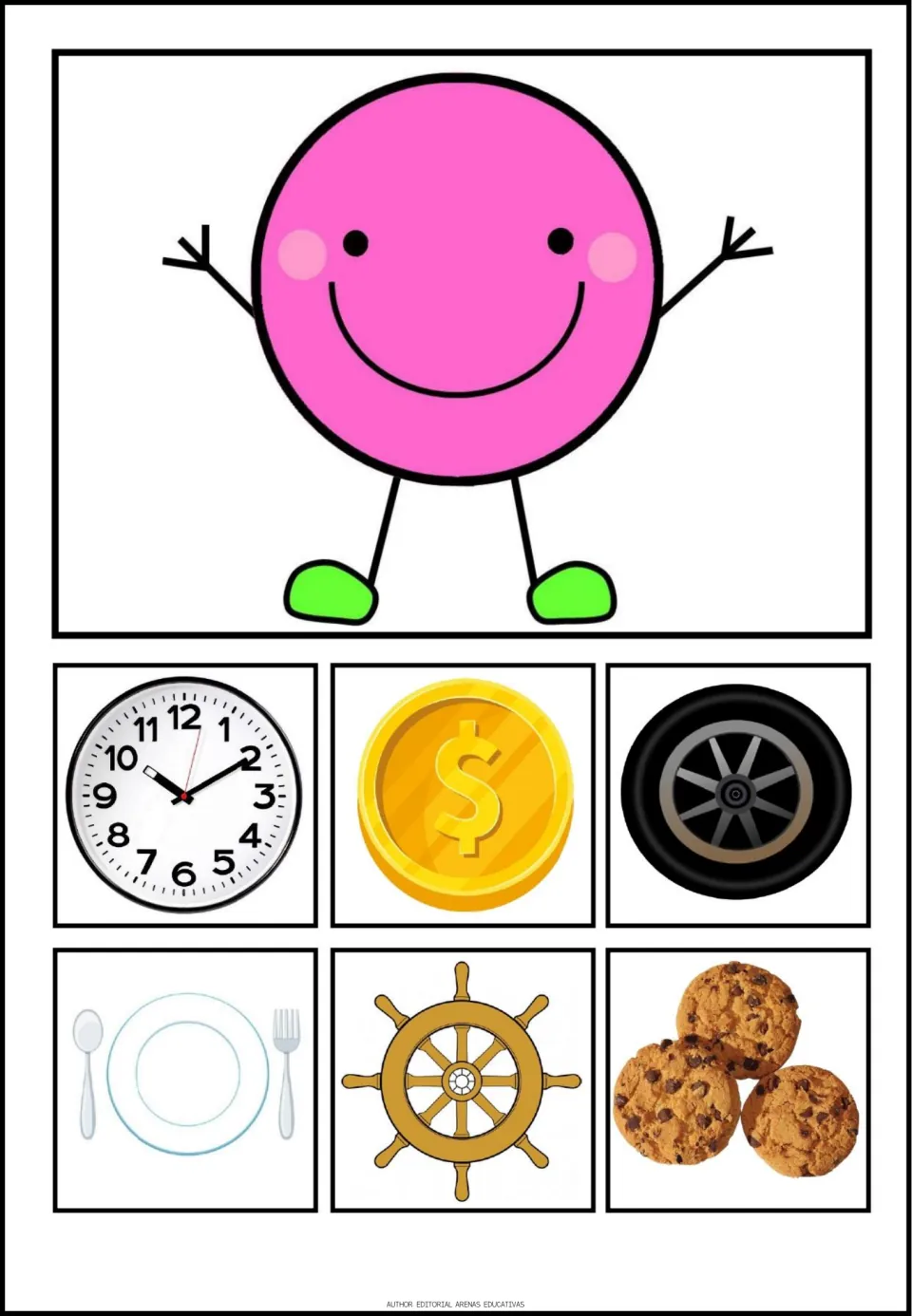 Circle poster in the shape set, showing a circle plus a clock, coin, tire, plate, ship's wheel and cookies