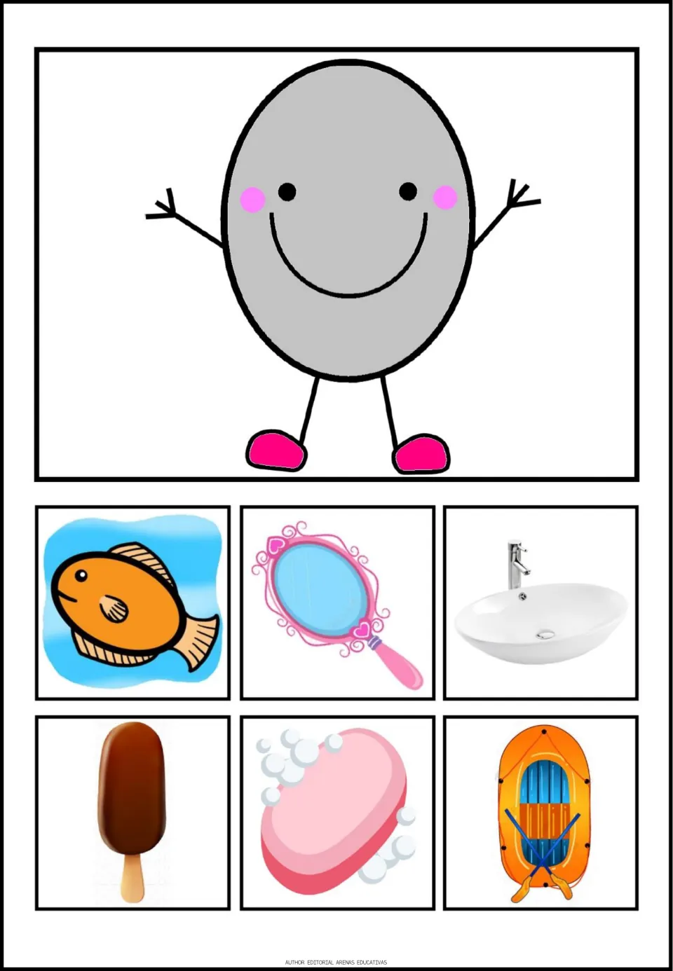 Oval poster in the shape set, showing an oval plus a fish, mirror, sink, ice cream bar, soap and raft