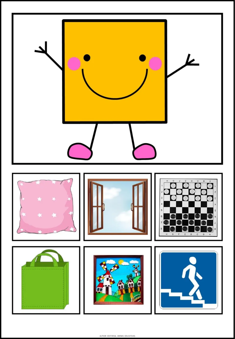 Square poster in the shape set, showing a square plus a pillow, window, checkerboard and three more pictures