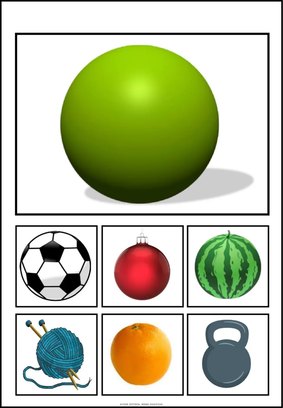 Sphere poster in the shape set, showing a sphere plus a soccer ball, ornament, watermelon and three more pictures