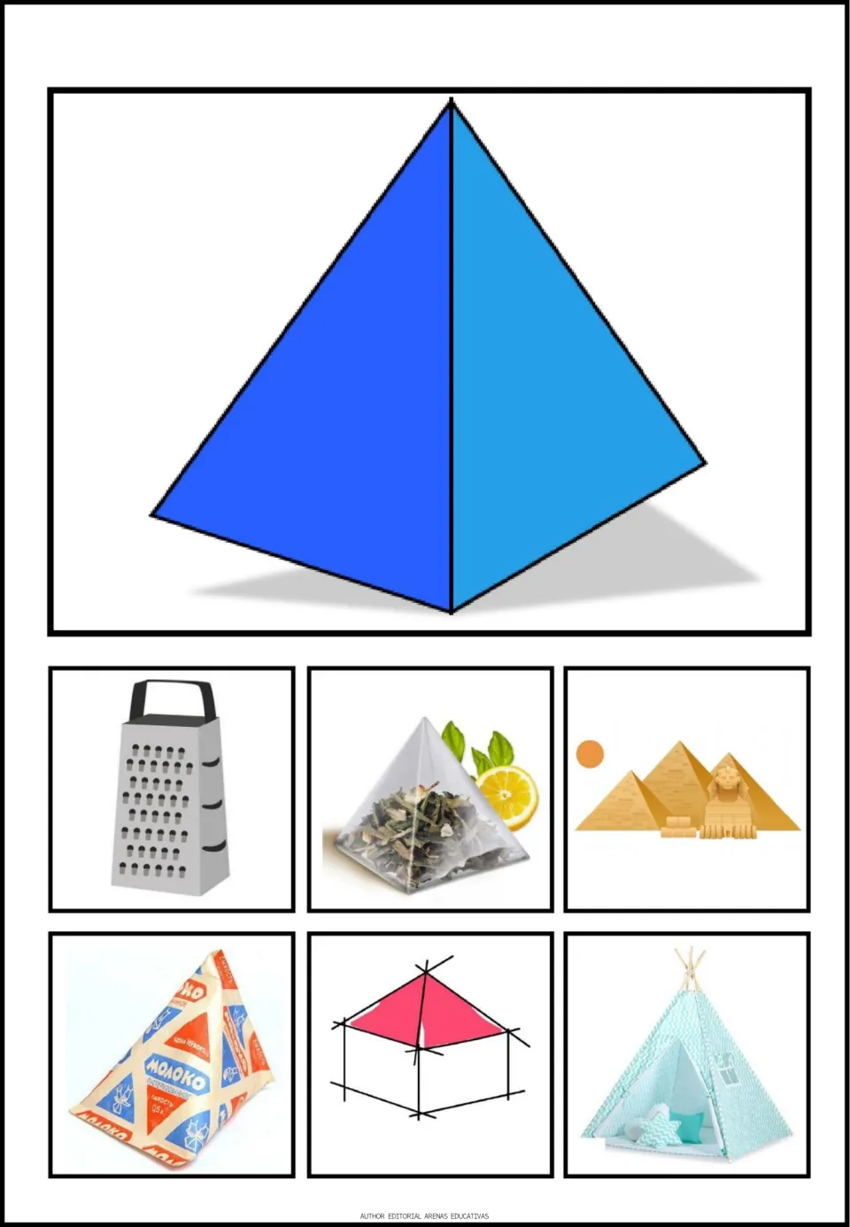 Pyramid poster in the shape set, showing a pyramid plus a grater, tea bag, Egyptian pyramids and three more pictures