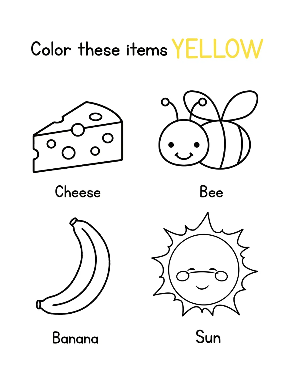 Color yellow: students color a labeled cheese wedge, smiling bee, banana and sun to connect the color word to objects
