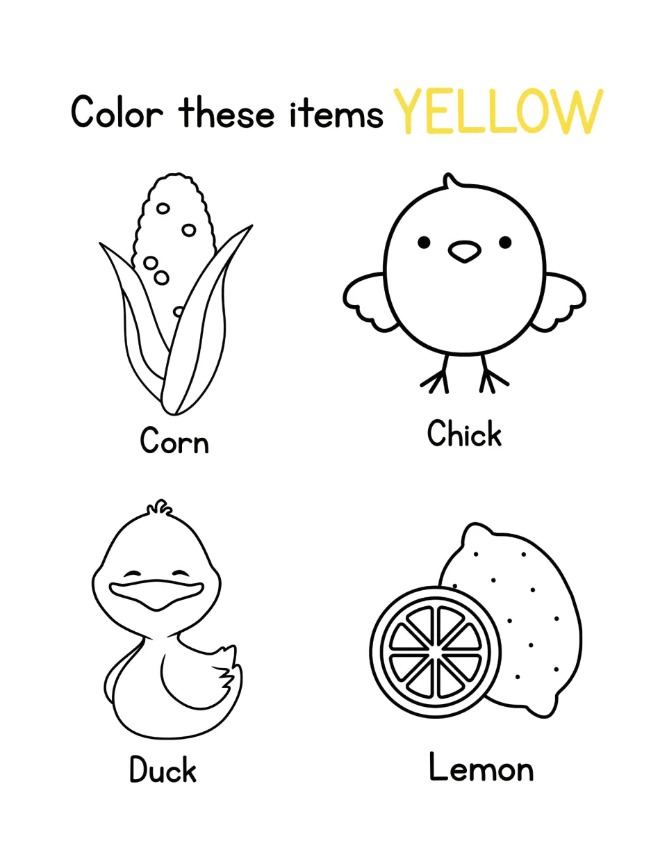 Color yellow: students color a labeled ear of corn, baby chick, duckling and lemon while matching objects to a color word