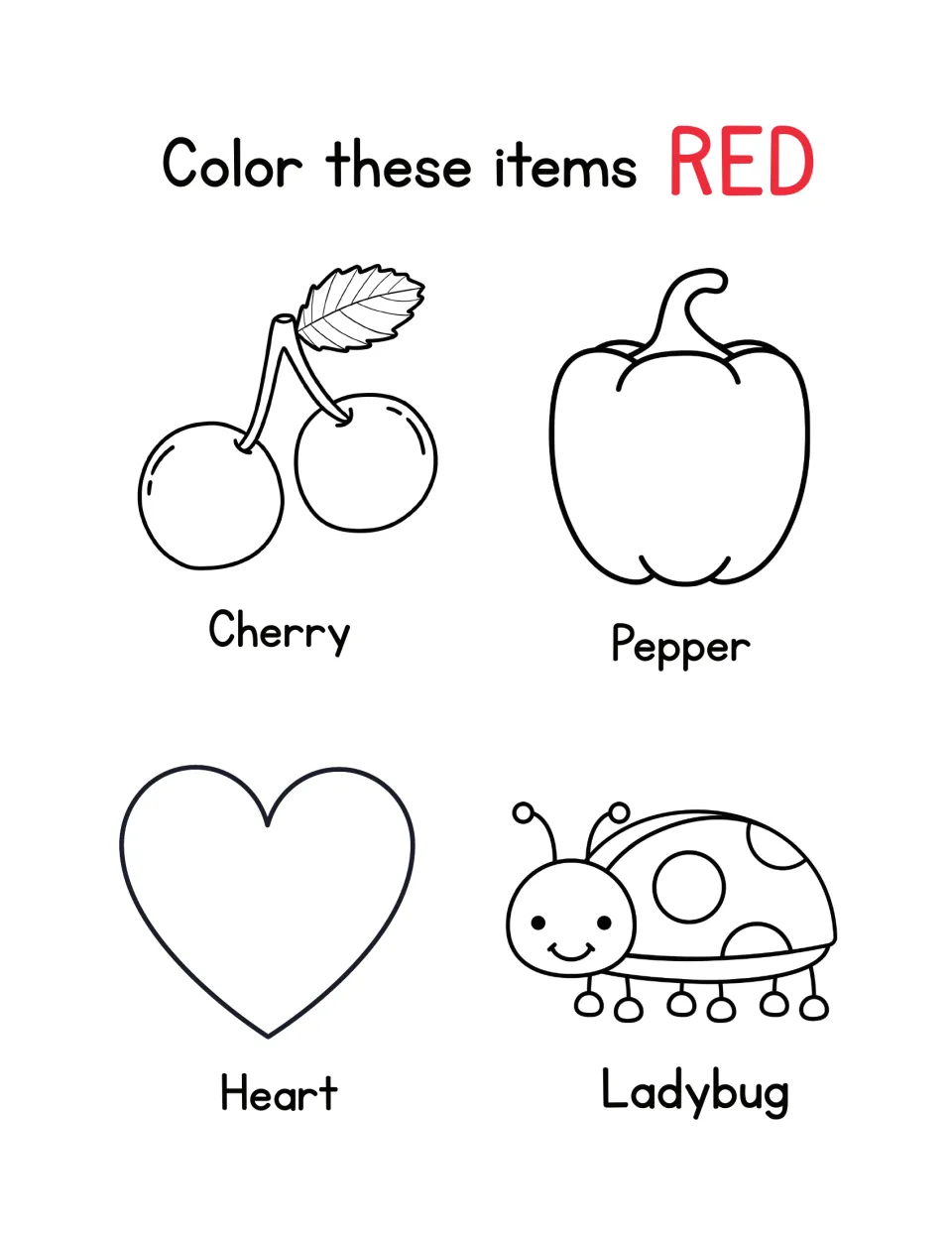 Color red: students color labeled cherries, a bell pepper, a heart and a smiling ladybug to practise the color word red