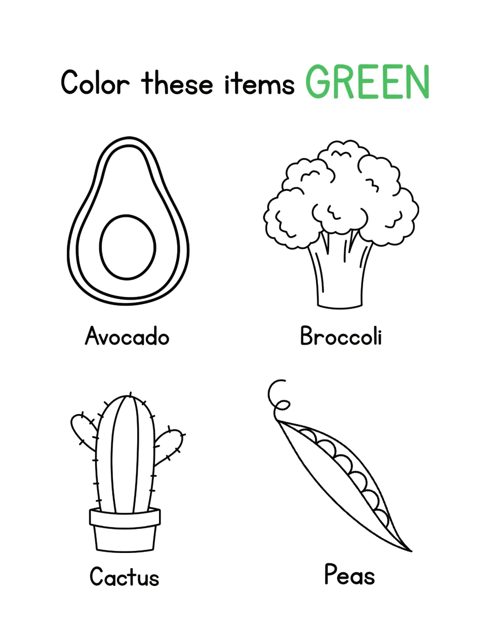Color green: students color a labeled avocado half, broccoli, potted cactus and pea pod to match objects to green