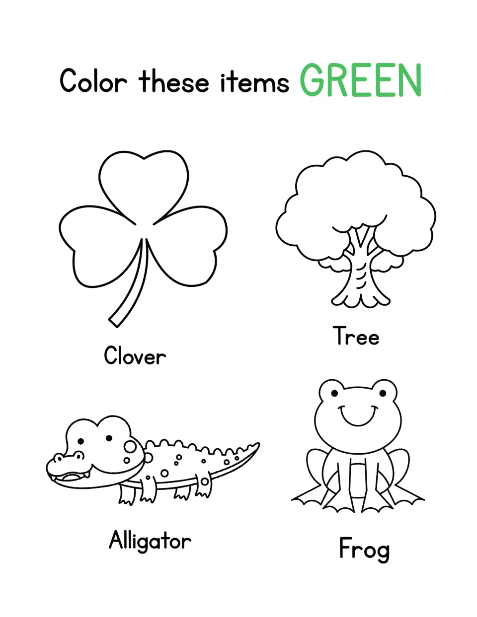Color green: students color a labeled clover, tree, alligator and frog to connect the color word green to nature