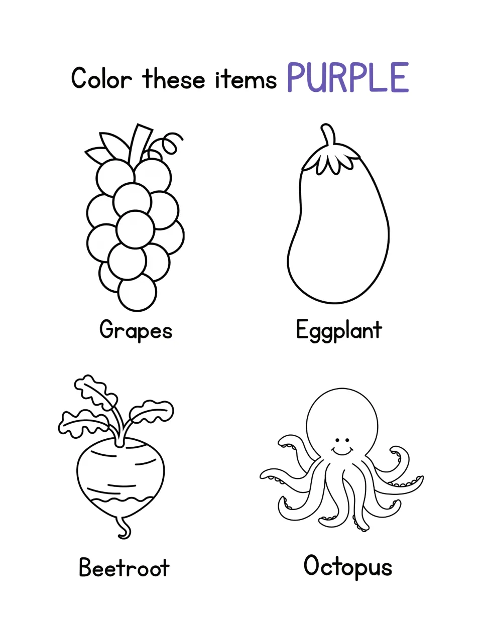 Color purple: students color labeled grapes, an eggplant, a beetroot and a smiling octopus to practise the color purple
