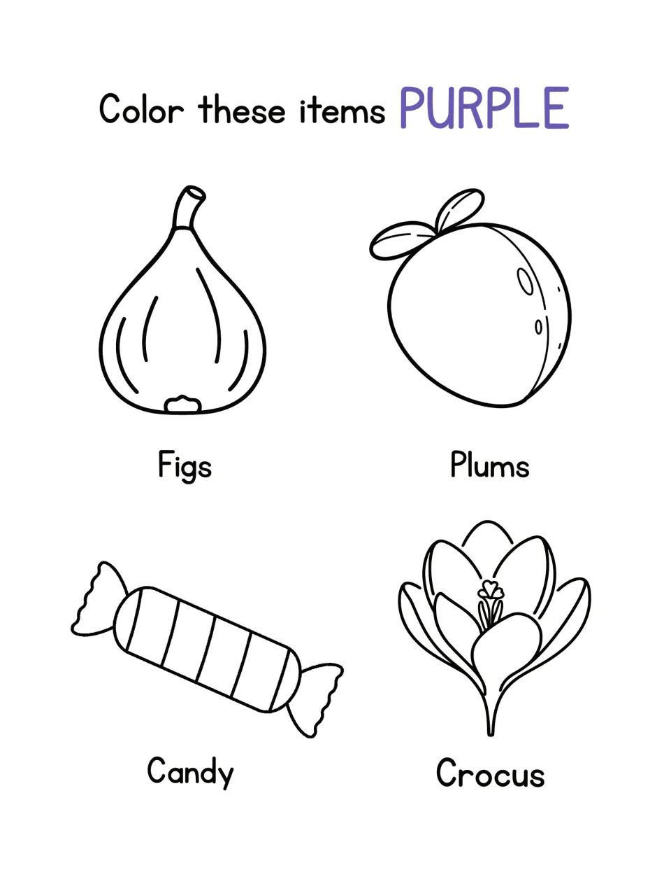 Color purple: students color a labeled fig, plum, wrapped candy and crocus flower while matching each to the color word