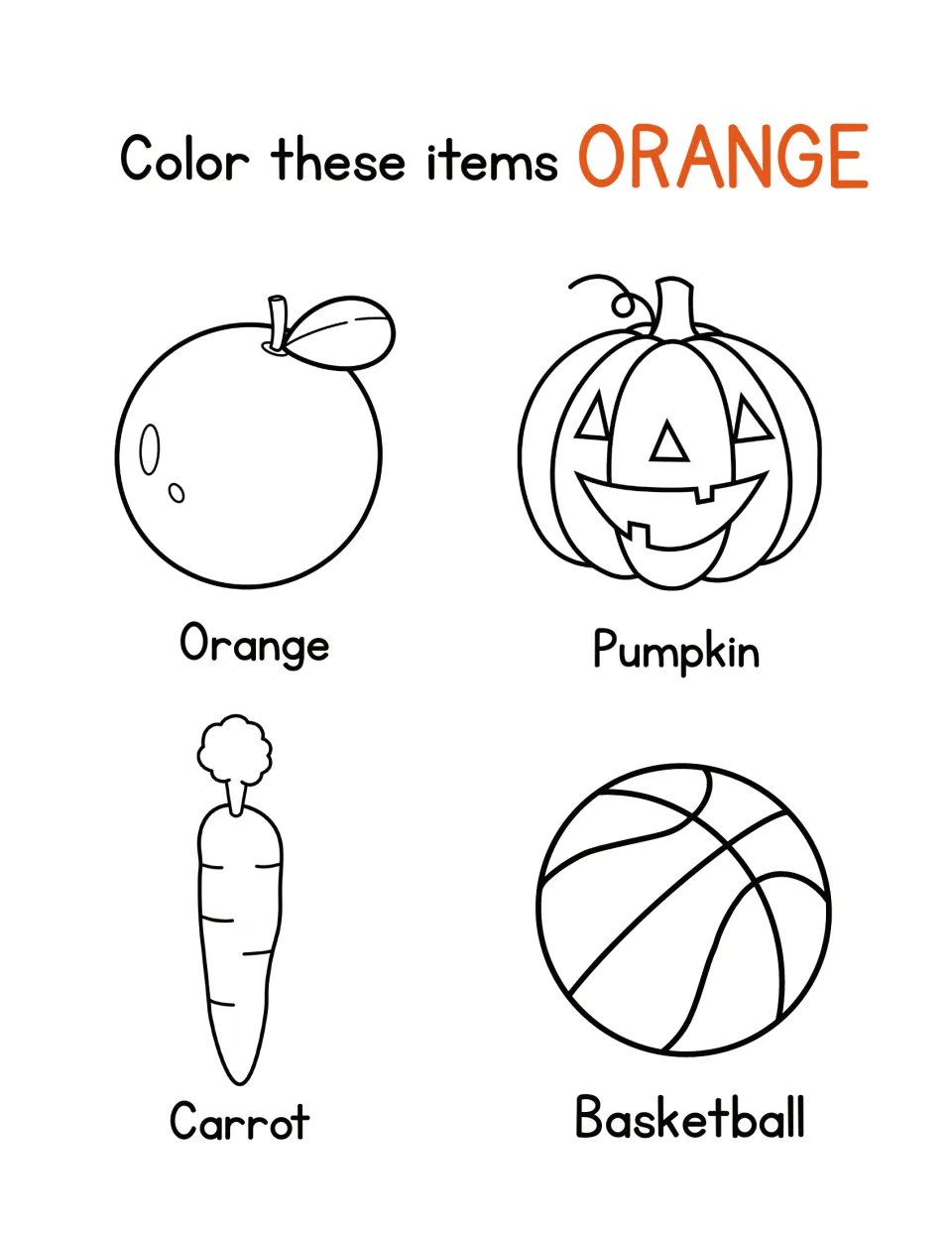 Color orange: students color a labeled orange, jack-o'-lantern pumpkin, carrot and basketball to practise orange