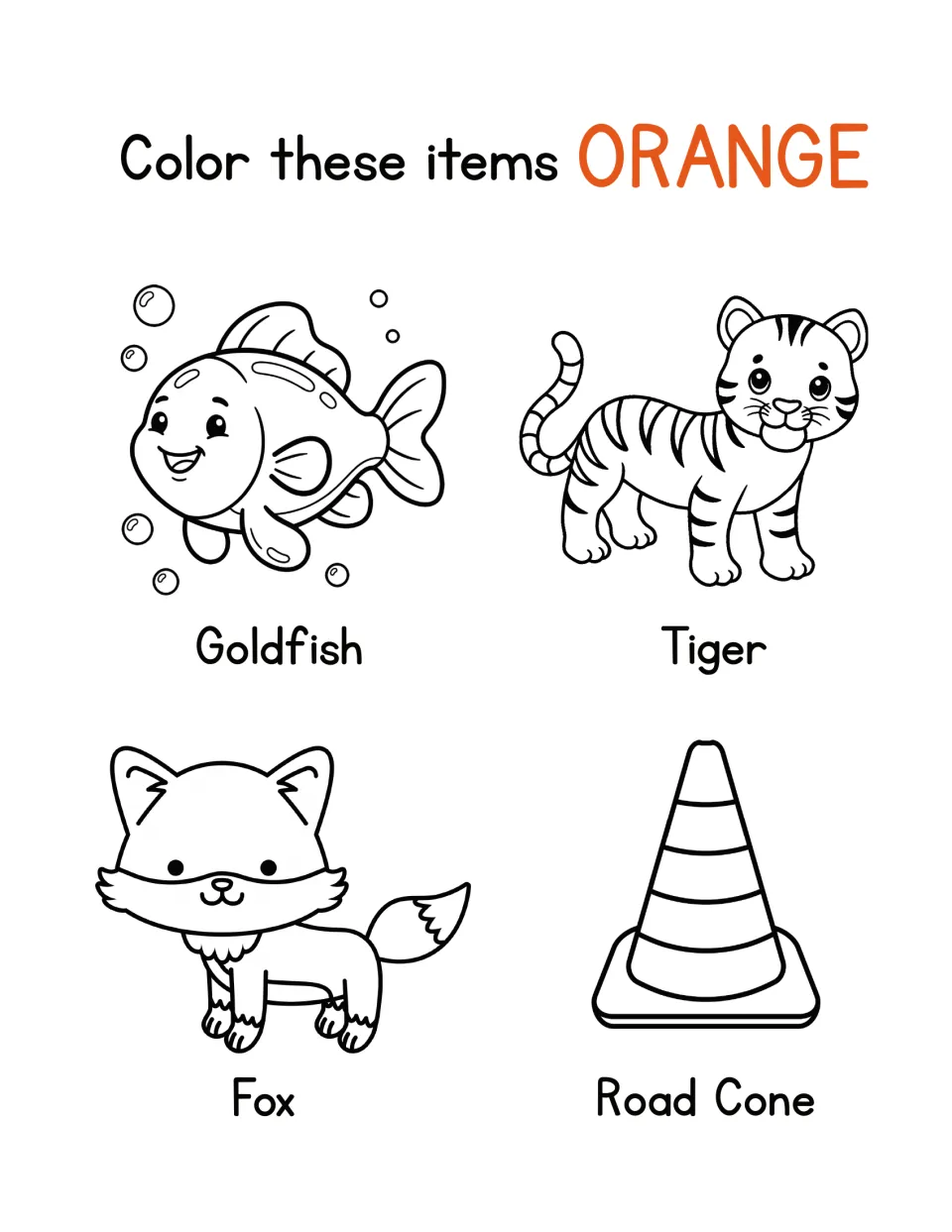 Color orange: students color a labeled goldfish, tiger, fox and road cone to connect the color word orange to objects