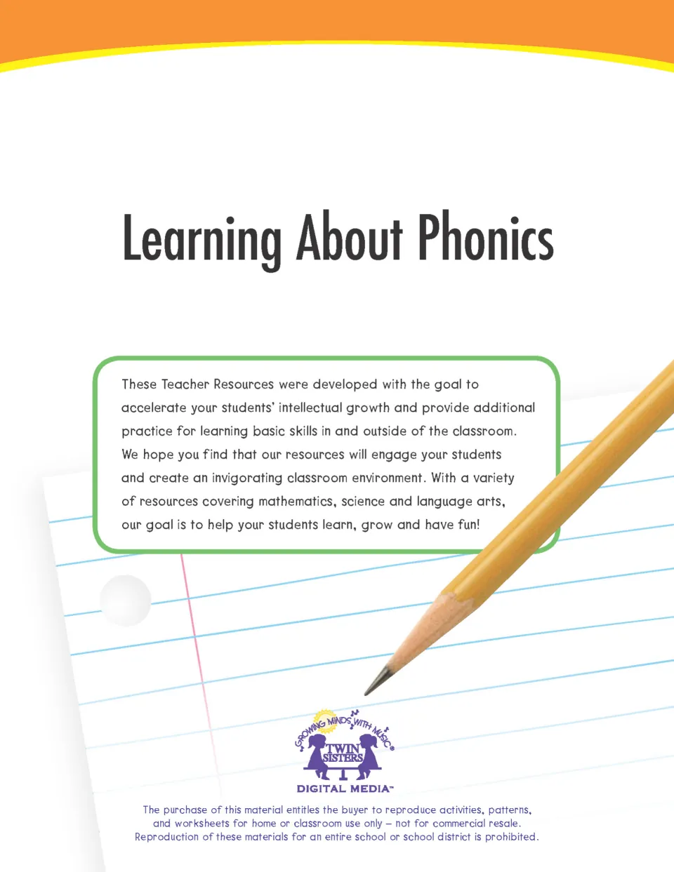 Learning About Phonics cover from Twin Sisters Digital Media, with a note to teachers and classroom reproduction terms