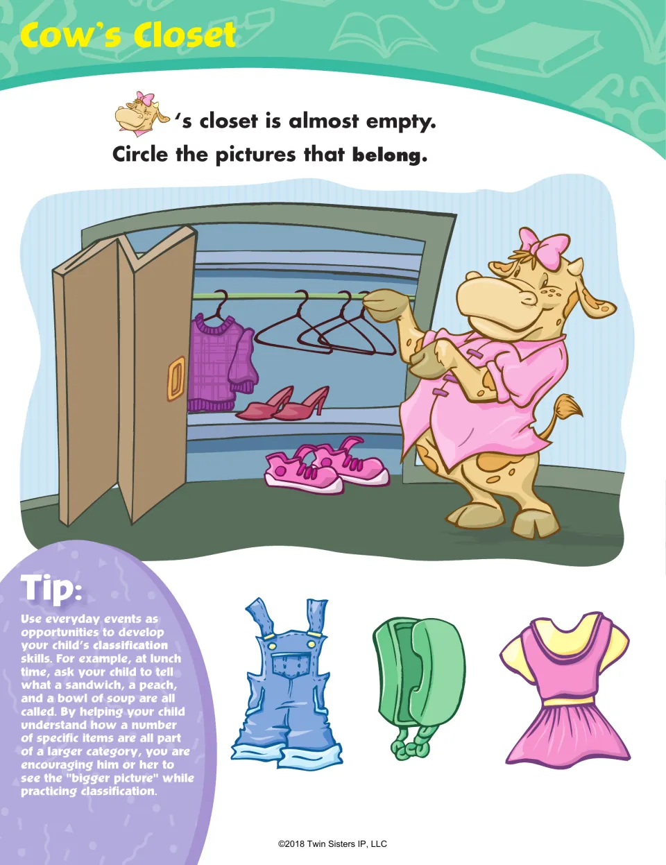 Cow's Closet classification: students circle the overalls and dress that belong in the closet, not the telephone