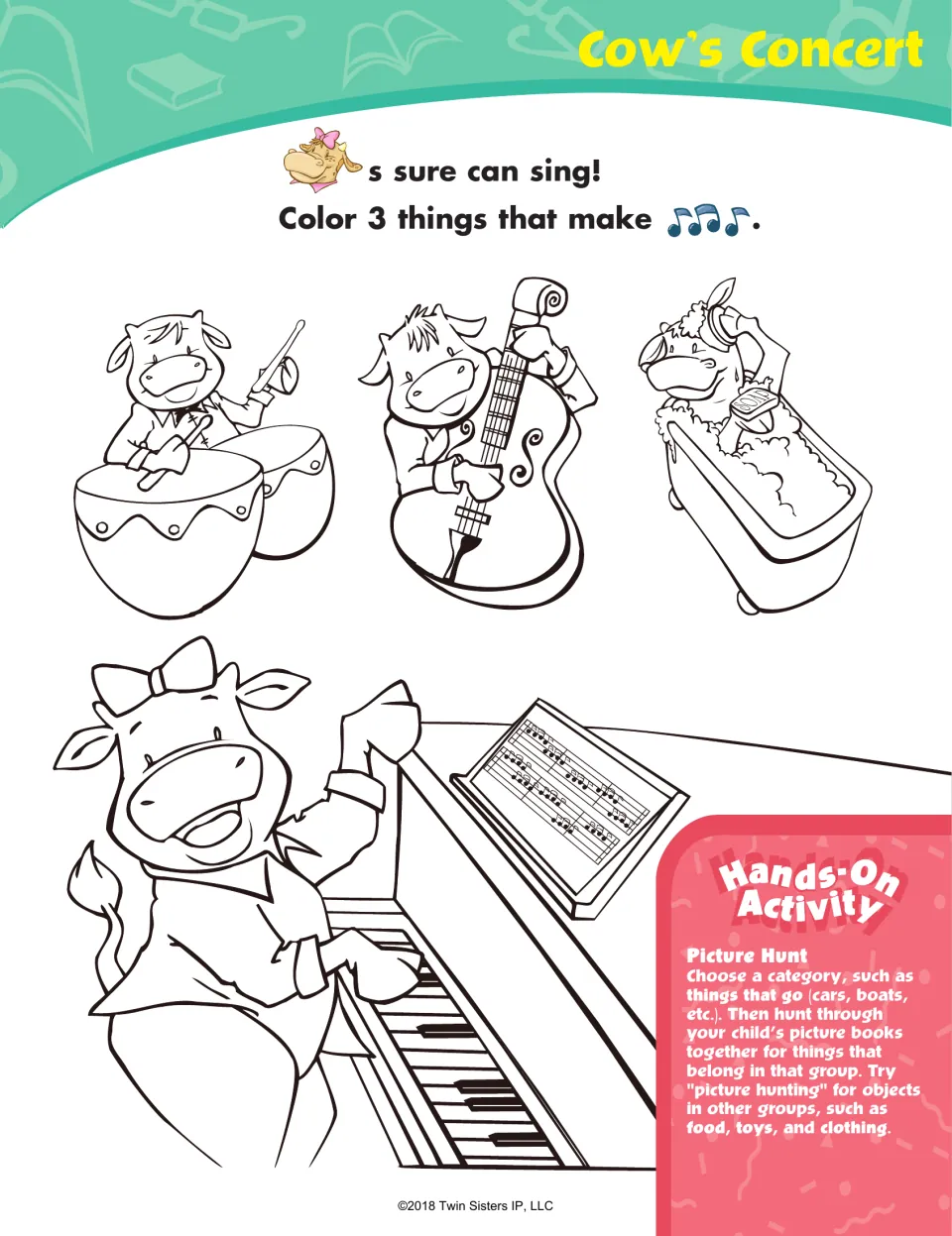 Cow's Concert coloring page: students color 3 things that make music, such as drums, a bass and a piano, not a bathtub