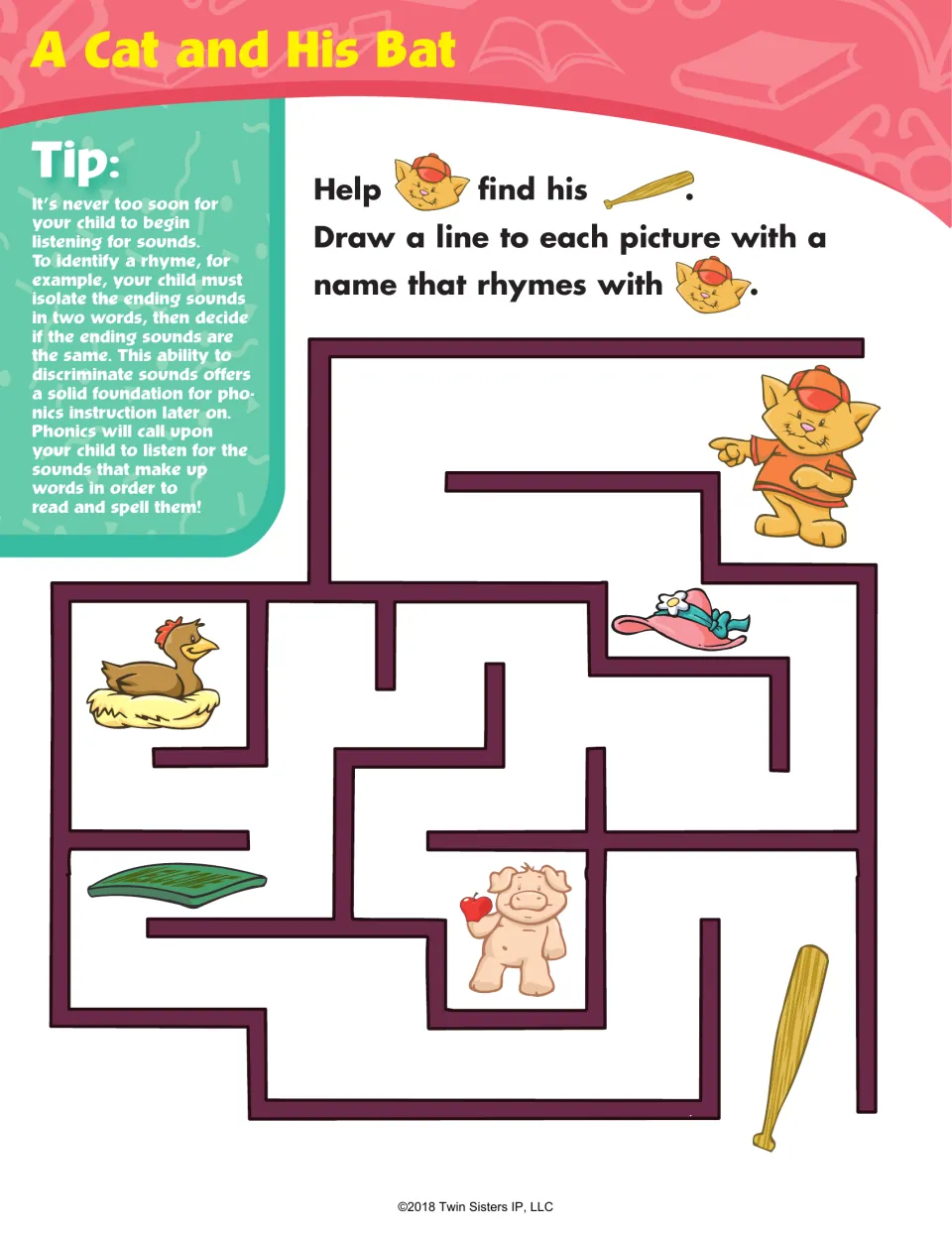 A Cat and His Bat rhyming maze: students draw a line to each picture whose name rhymes with cat, such as hat and bat