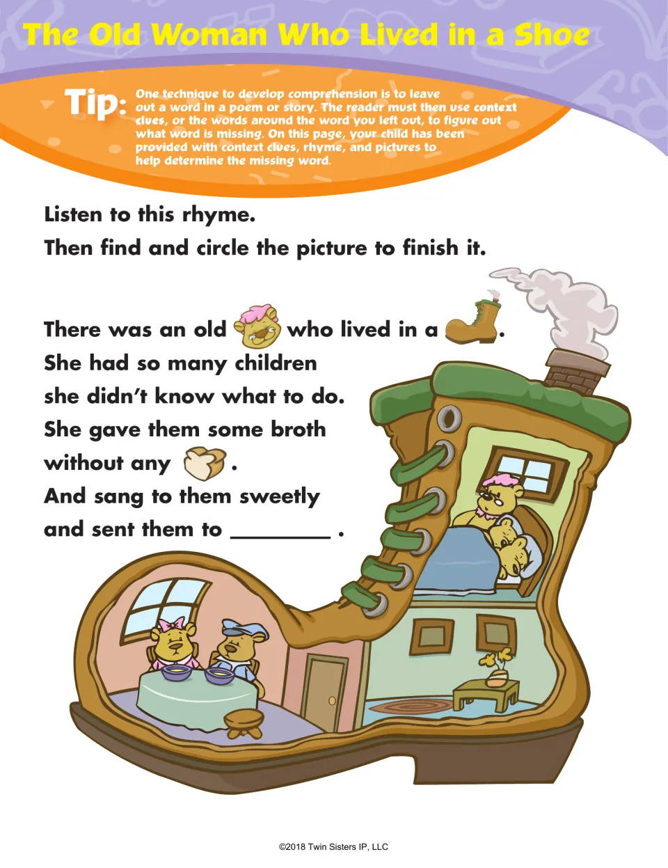 The Old Woman Who Lived in a Shoe rebus rhyme: students listen, then circle a picture to finish the missing last word