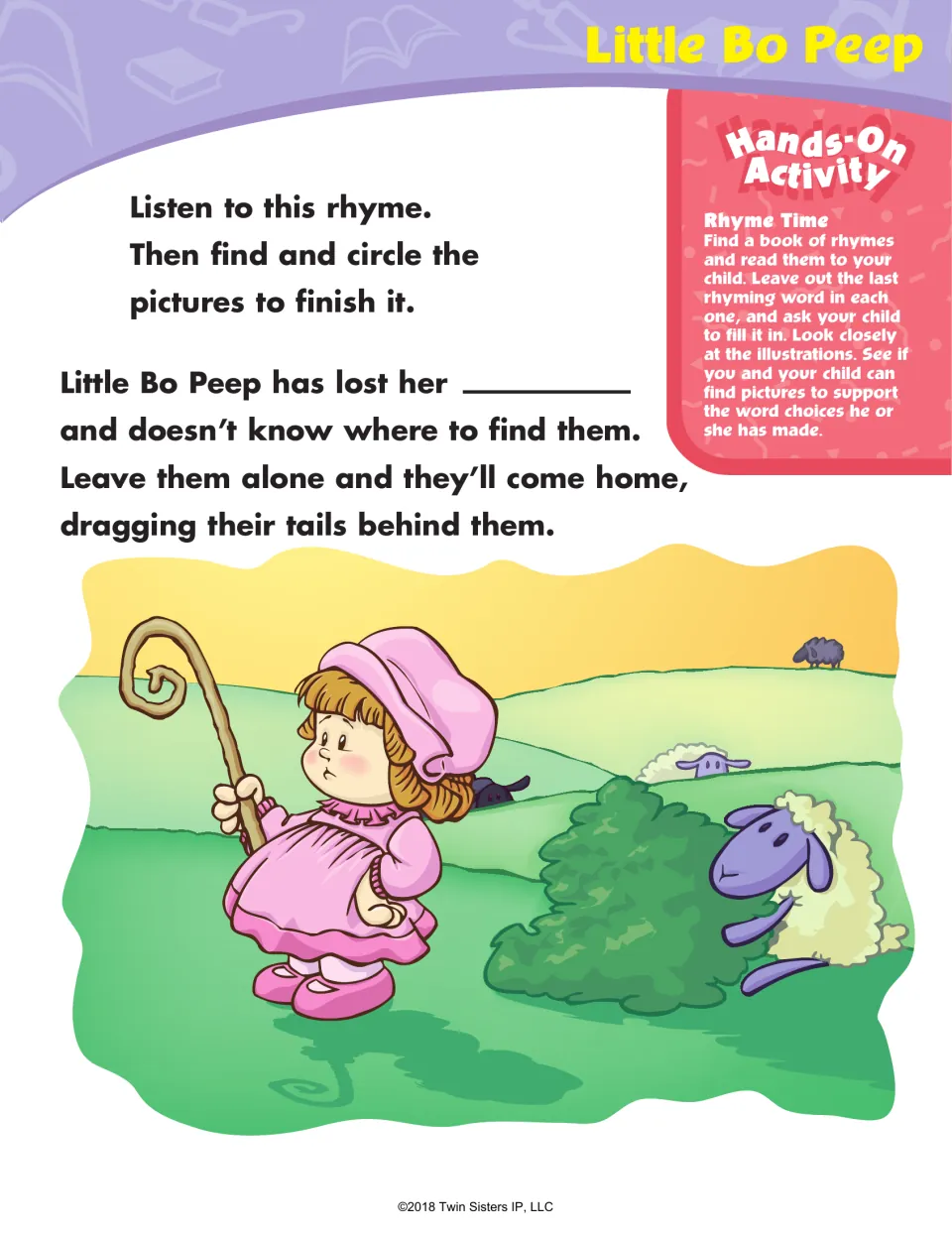 Little Bo Peep rhyme with a blank after 'lost her': students listen, then circle pictures to complete the rhyme
