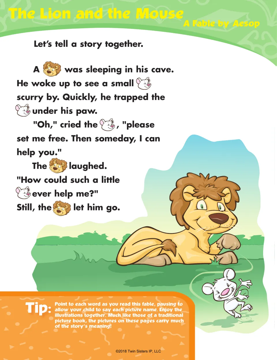 The Lion and the Mouse, a fable by Aesop, as a rebus story: children say the lion and mouse picture names as it is read