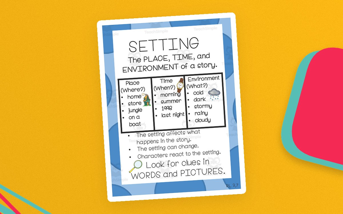 Setting anchor chart defining place, time, and environment with example words and reminders to use clues in words and pictures.