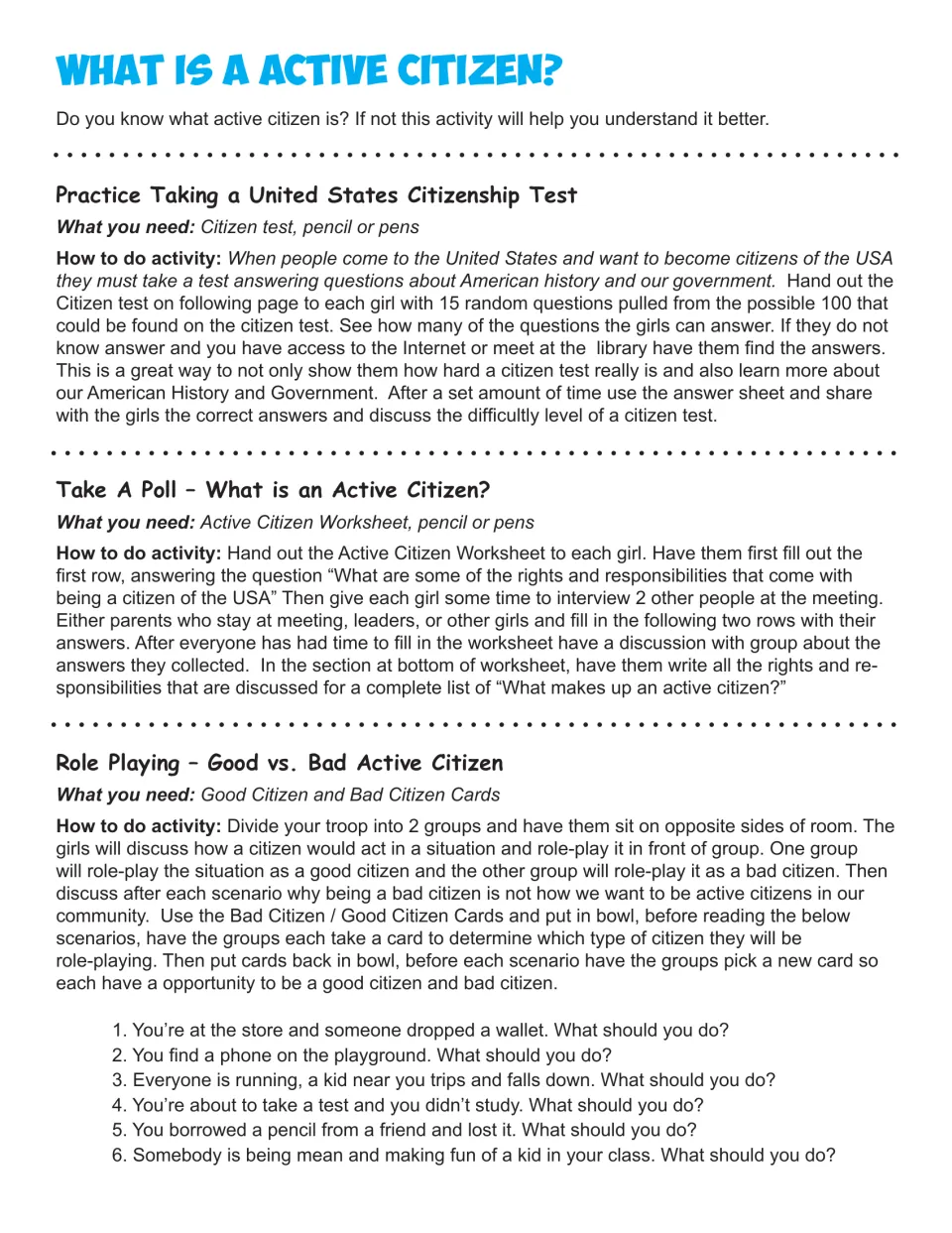 Active citizen activities: practice citizenship test, poll, and good vs. bad citizen role-play with 6 scenarios
