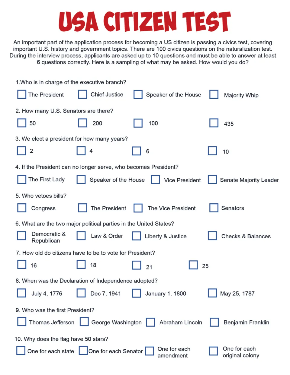 USA Citizen Test: 10 multiple-choice civics questions, such as who vetoes bills and the number of U.S. Senators