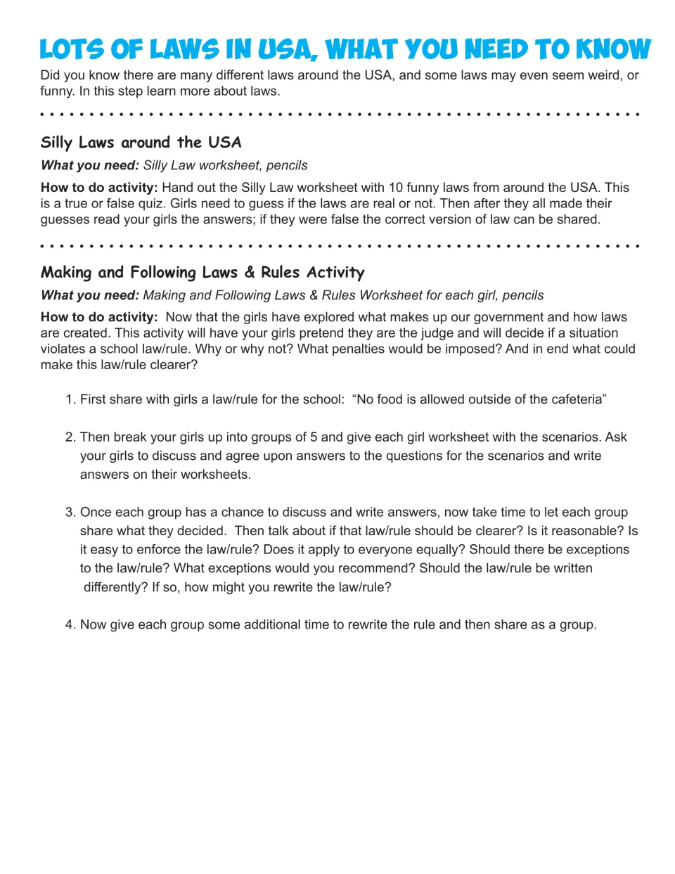 Silly Laws true-or-false quiz and a laws and rules activity using 'No food is allowed outside of the cafeteria'