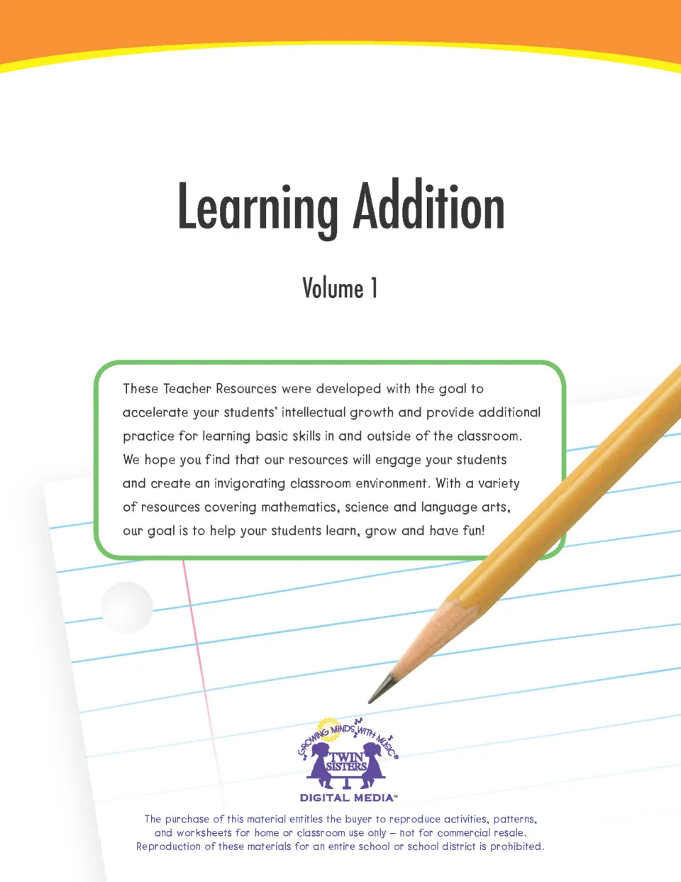 Learning Addition Volume 1 cover by Twin Sisters Digital Media with a note to teachers and home or classroom copying terms