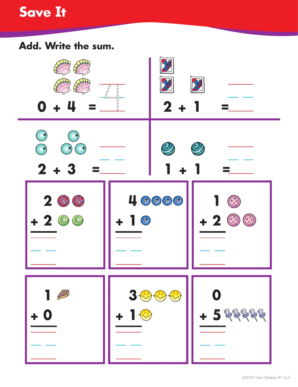 Save It: students add small picture sets of shells, stamps, marbles and buttons, writing sums across and in vertical form