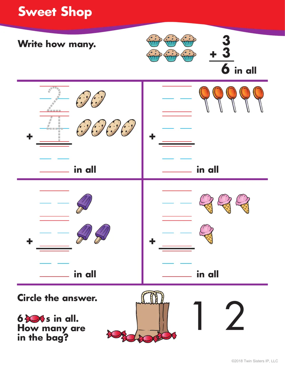 Sweet Shop: students write vertical addition for cookies, lollipops, popsicles and ice cream, then find the missing part