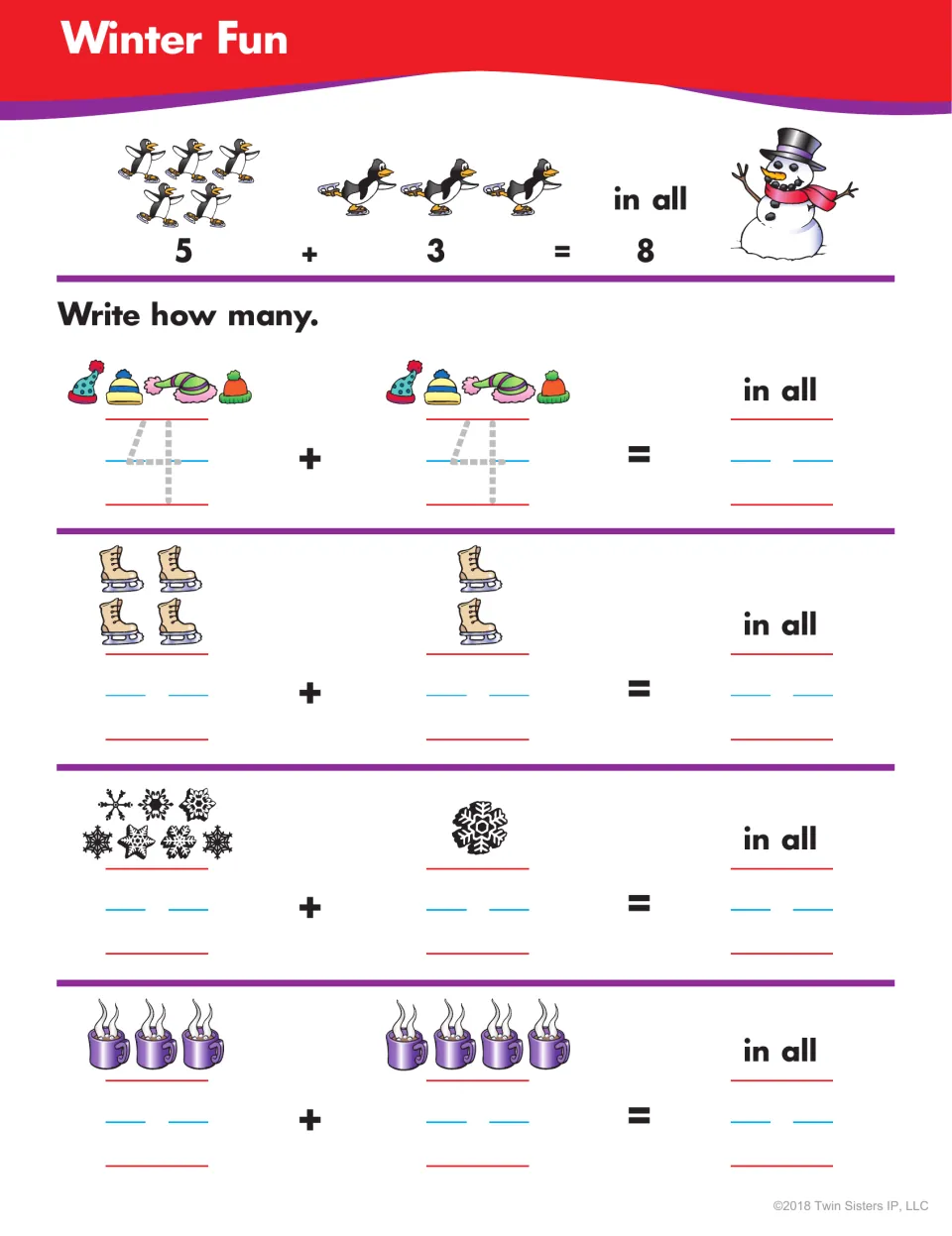 Winter Fun: students count hats, ice skates, snowflakes and steaming mugs and write each addition sentence and total
